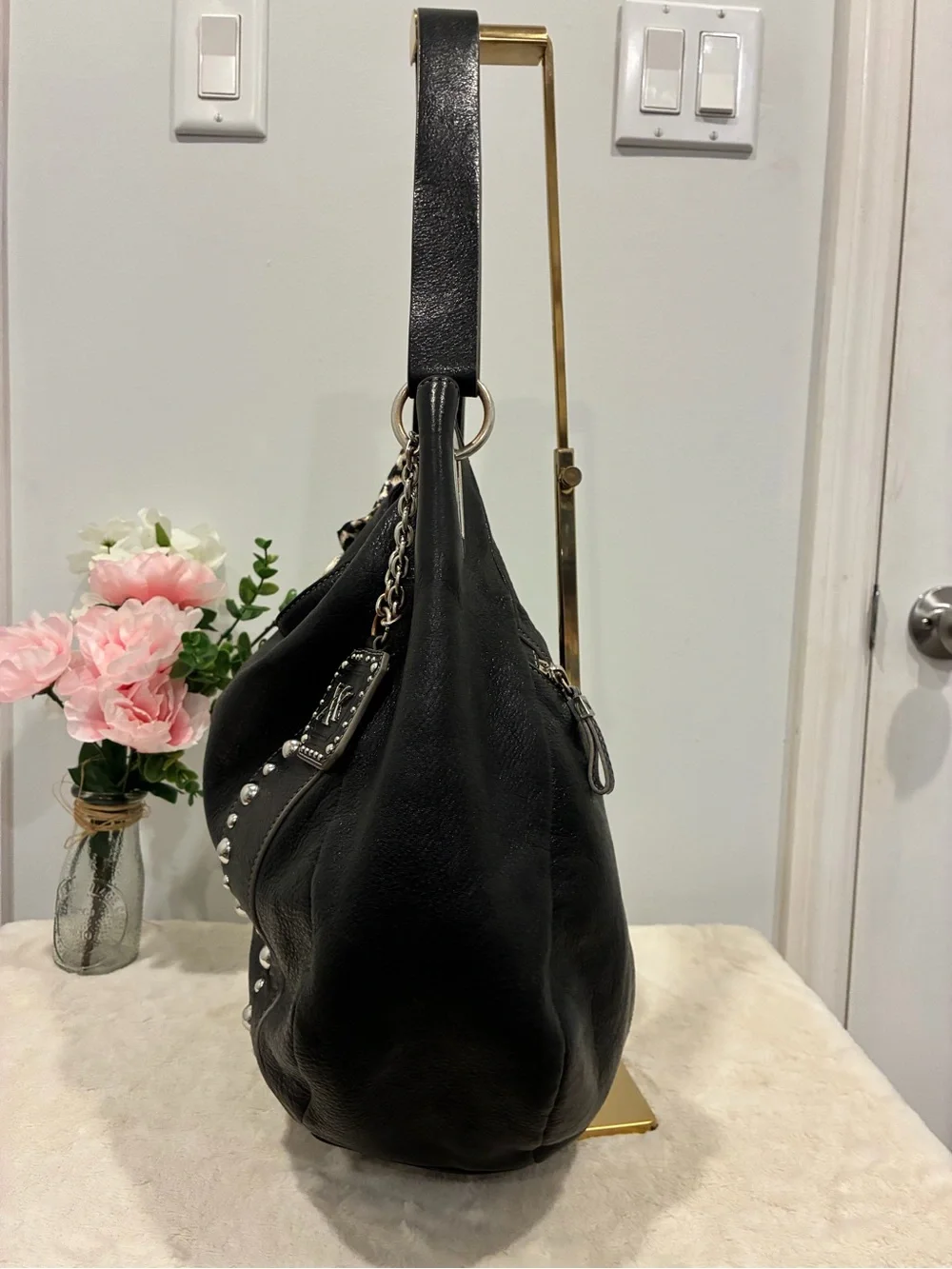 MAXX New York Black Leather Studded Hobo Bag Leopard Scarf Rocker Y2K